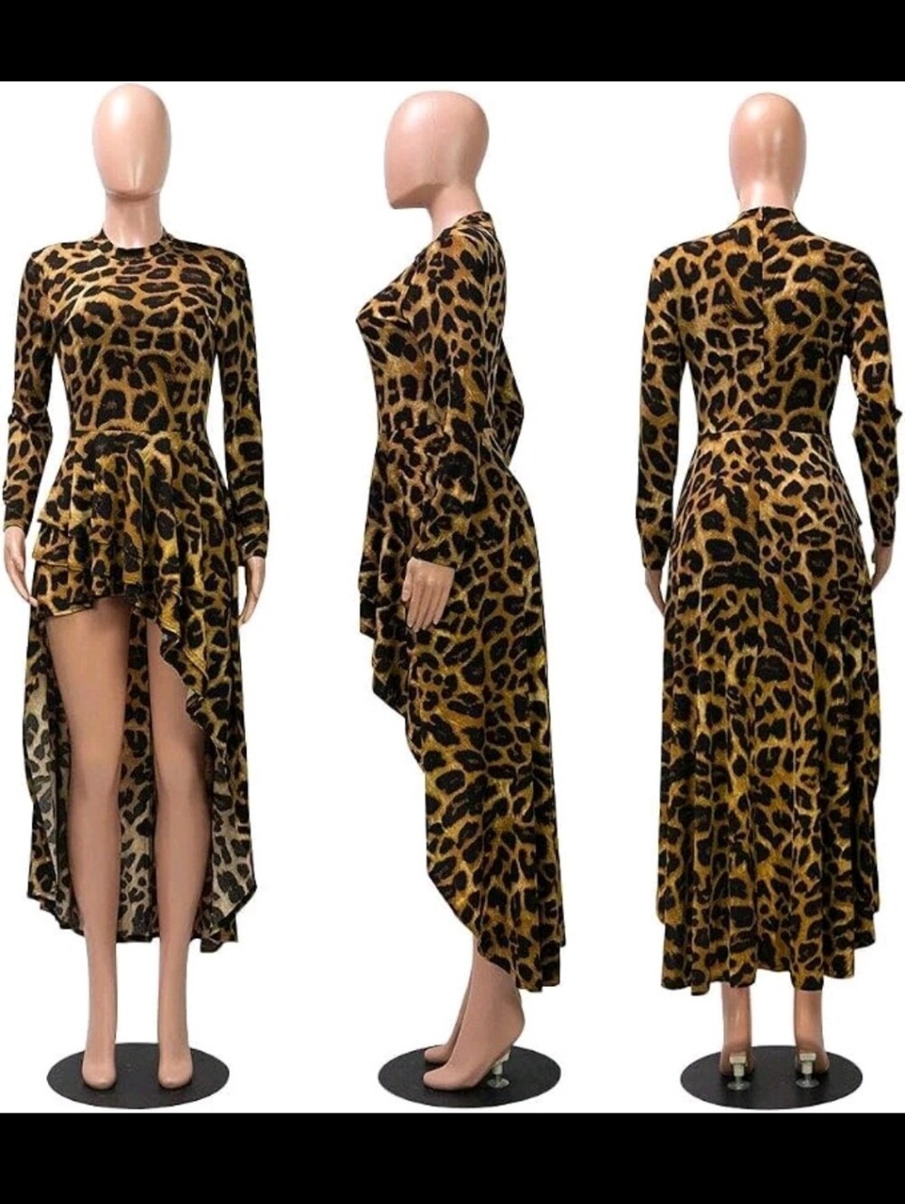 High Low Long Sleeve Mock Turtleneck Leopard Print Tunic Top Dress Women XL